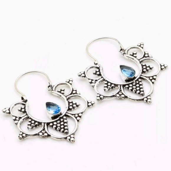 New Round Boho Gypsy Style Blue Quartz Silver Earrings. - Picture 1 of 10